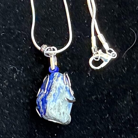 Lapis Lazuli Crystal Rock Silver Wrapped Necklace - Picture 3 of 6